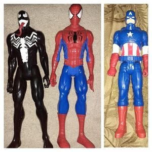 Spiderman, Carnage, and Captain America 12 inch Action Figures. 